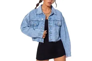 Women Distressed Regular Denim Jacket Slim Fit & Oversized Knitted Woven Windproof Breathable Long Sleeves Vintage Fashion