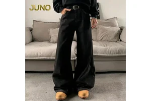 Wholesale Men's Black Oversized Wide Leg Jeans High Waist Baggy Denim Pants with Curved Seam Streetwear Trousers for Men