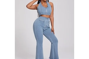 Women's Plus Size Y2k Style Zipper Halter Neck Crop Top High Rise Flared Leg Jeans Sets Medium Stretch Sexy Outfits Jeans Suit