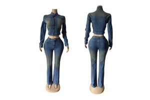 Women Solid Autumn Washed Elastic Long Sleeve Top Vintage Casual Flared Denim Two Pieces Pants Suit