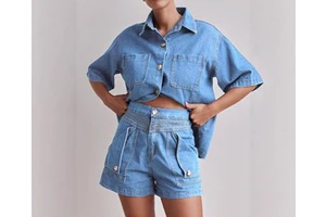 High Quality Women's Vintage Washed Denim Two-Piece Set Elegant Button Blouse Casual Short Jeans Shorts Turn Collar Short Sleeve