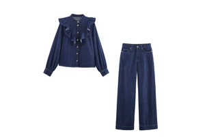 Women Casual Denim Suits Solid Canvas 2 Piece Long Set Spring Summer Breathable Quick Dry 100% Cotton High Quality Customized