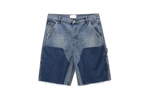 Men's Straight Woven Patchwork Denim Shorts Mid Waist Raw Edge Stonewashed Casual Summer Style Pockets Waterproof Eco-Friendly