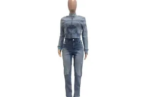Autumn Wholesale New Denim Outfit Women Two Piece Pants Set Fashion Sexy Patchwork Washed Denim Casual Suit Women