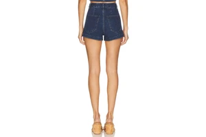 Women's High Waist Denim Shorts Regular Fit Dark Blue Summer Washed Back Pockets