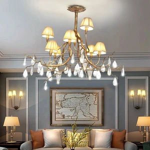 Modern Crystal Gold Chandelier Lighting for Dining Room Foyer Tree Branch Brass Chandelier Pendant Lights Fabric Shade Lighting