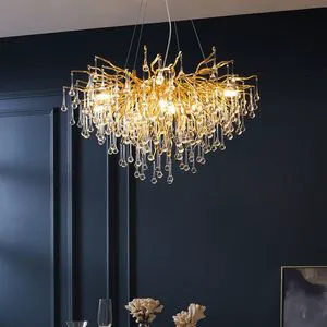 PM Nordic Gold Branch Round Crystal Chandelier Villa Dining Branch Decoration Pendant Lamp Living Bedroom Art Glass Retro Light