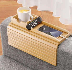 2 In 1 Modern Foldable Bamboo Sofa Arm Tray Anti-Slip With Detachable Cup Holder For Drinks Phone Remote Snacks