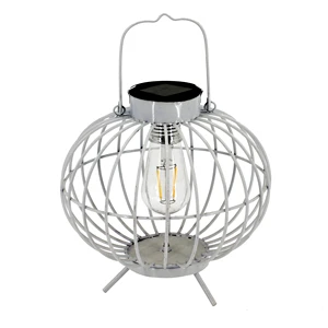 Solar Floor Lantern with Handle - Geometric Metal Cage Outdoor Light, Waterproof Standing for Garden, Pathway, Patio, Camping