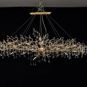 For MEEROSEE Modern Linear Copper Tree Branch Hanging Light Fixture Large Golden Brass Crystal Raindrop Chandelier MD86194 Long