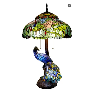 Style Stained Glass Dome Lampshade Ac-powered Table Lamp with Peacock Base for Nightstand Reading