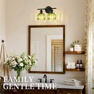 Vintage Industrial Wall Sconce Light With Green Flower Glass Shade 2-Light Black Metal Bathroom Vanity Lighting Fixture