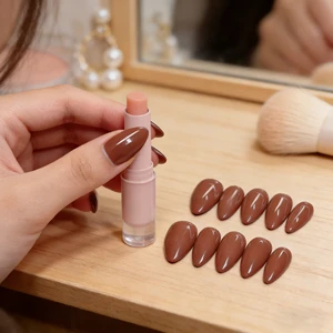 Coffee-colored, nude-colored and almond-shaped nails. Simple solid-color European-style nails, easy to wear.