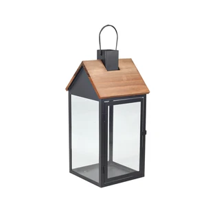 Retro Design Handmade Eco-Friendly House Shape Iron Metal Lantern with Black Color and Wood Roof for Home Decoration