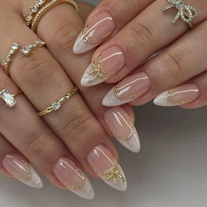 24pcs Full Cover Nude Pink French Marble Gold Bow Almond Press on Nails Removable Nail Tips OEM