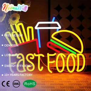 Custom Neon Sign OEM ODM Fast Food LED Neon Sign Hamburger Fries Neon Light for Burger Shop Food Trucks Kitchen Commercial Decor