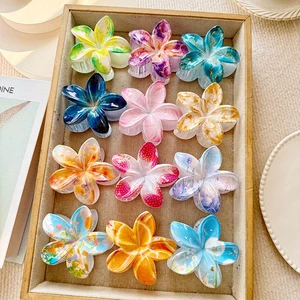 Sweet Colorful Acrylic Acetate 8cm Hawaiian Flower Hair Claw Clip Plumeria Bauhinia Flower Girls Women Hair Claw Accessories