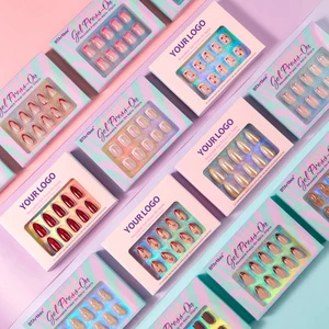 Custom Logo Short Almond Square Artificial Fake Nails Press On Wholesale Soft Gel Handmade French Tip Press On Nails Kit En Gel