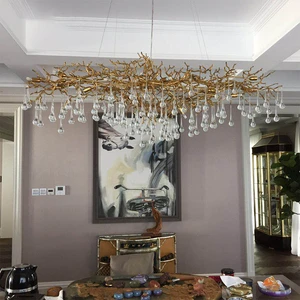 High Quality AMJ Brand Creative Branches Hotel Living Room Lamp Copper Art LED Large Stair Glass Chandeliers Pendant Lights
