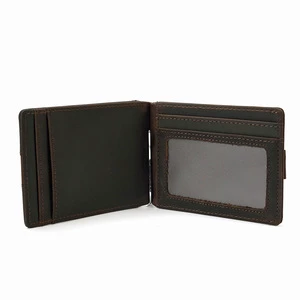 Ya257 Man Vintage Crazy Horse Leather Money Clip Wallet Mens Classic Money Clip ID Window Wallet for Business