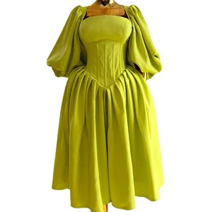 Fresh Square Neck Waist Tie Lantern Sleeve A-line Women's Dresses Sehe Fashion Custom Label for Boutique