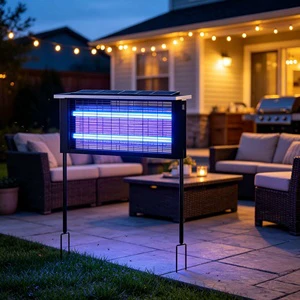 12W Solar LED Bug Zapper for Flies Mosquitoes Outdoor Use Purple Light Dusk-to-Dawn Auto Sensor Waterproof IP44 USB Rechargeable