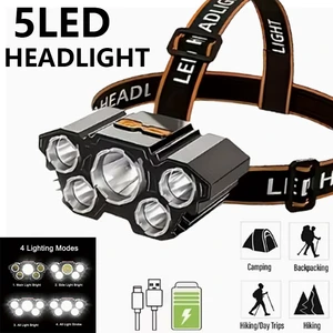 Hot Selling 5 LED Headlamp, High Lumen Long Range, USB Charging Waterproof Headlight for Night Fishing, Camping and Outdoor Work