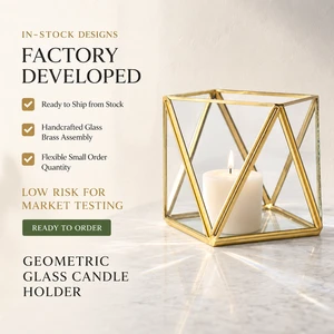 Handmade Minimalist Geometric Glass Home Decor Brass Metal Frame Clear Glass Tabletop Candle Display Geometric Candle Holder