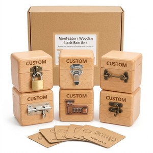 Custom OEM Montessori Wooden Lock Box Set Multi Type Latch Unlocking Practical Life Fine Motor Educational With Hint Cards