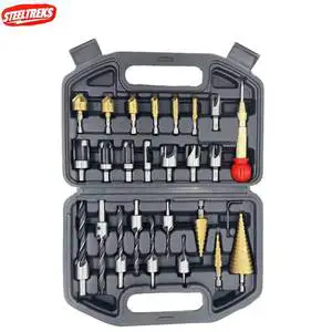 New 26pcs M35 Steel Carbide Combination Set Center Drill Bits HSS Alloy Three-Pointed Wooden Plug Shank Woodworking Twist Black