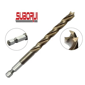 HSS Fully Ground Hex Shank Tri-Flute Wood Brad Point Drill Bit with Three Cutting Spurs