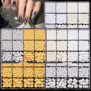 12 Grid Mixed Sparkling Gold Silver White Half Round Flat Back 2/3/4/5/6/8mm Abs Rhinestones Pearl Nail Charms For Nail Art