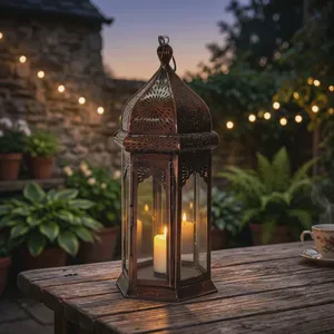 Hexagon Metal Lantern With Glass Panels And Candle Holder For Home Decoration