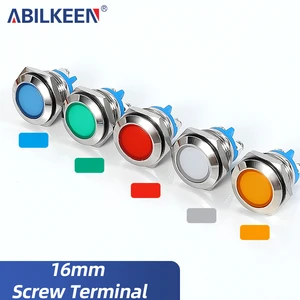 16mm LED Pilot Lamp Indicator Light Flat Metal Screw Terminal with Red Green Yellow Blue White Kinds Color 220Vac Signal Light