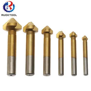 RUOKTOOL 6PC 3Flute Titanium Coated 90 Degree Chamfer Countersink Drill Bit Full Grinding Chamfering HSS Chamfer Drill Bit