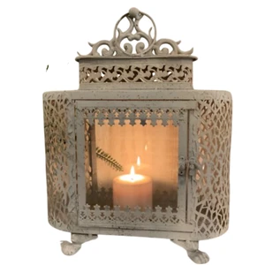 White Metal Glass Lantern Vintage Antique Style Candle Holder Moroccan Garden Hanging Tea Light Hurricane Lamp For Home Decor