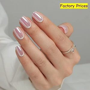 Custom Elegant Spring Summer Square False Fake Nails Manicure Set Wholesale Soft Gel Pink Chrome French Tip Press On Nails Kit