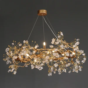 Luxury Design Luminous Crystal Petal Decorative Pendant Light Copper Tree Branch Chandelier For Dining Room Living Room Bedroom