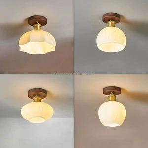 Modern European Minimalist Metal & Walnut Wood Base LED Ceiling Lamp With Switch Control For Entryway