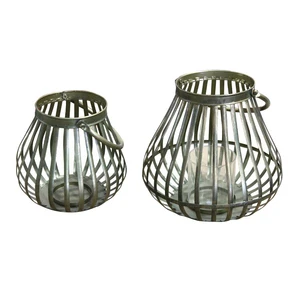 Vintage Handmade Woven Round Metal & Glass Lanterns