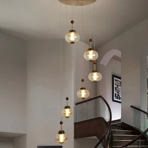Vintage-style All-copper LED Branch Shape Staircase Chandelier Retro Amber Color Villa Duplex Large French Style Self-built
