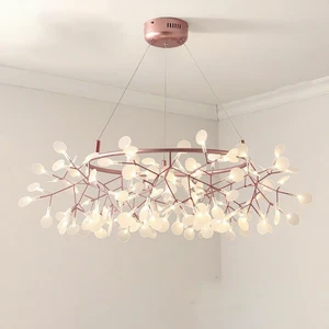 Nordic LED Firefly Chandeliers Acrylic Ring Branch Leaves Rose Gold Pendant Hanging Lamps Bedroom Living Room Lustre Lighting