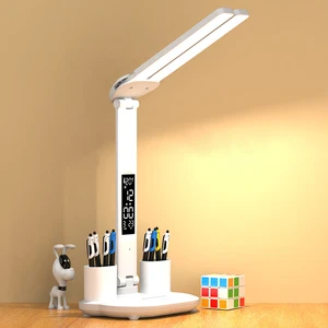Rechargeable LED Table Lamp with Double Head Calendar Date Touch Night Lights with Pen Holder for Bedroom Study Reading Lamps