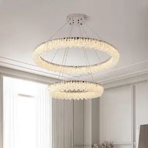 Modern Round Crystal Chandelier with Remote Control LED Adjustable Height for Luxury Hotel and Home Decor