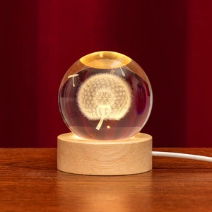 Small Bridge Wholesale 3D Galaxy Dandelion Crystal Glass Ball Stand Custom Carving Wooden LED Light Crystal Crafts