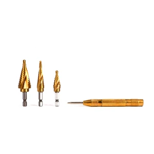 Nesen 4Pcs Titanium Coated Step Drill Bits With Center Punch Precise Smooth Hole Drilling for Metal Stainless Steel Fabrication