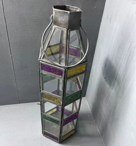 Artisan Design Candle Lantern for Home Decoration Handmade Multi-Color Iron and Glass 4.75X4X15