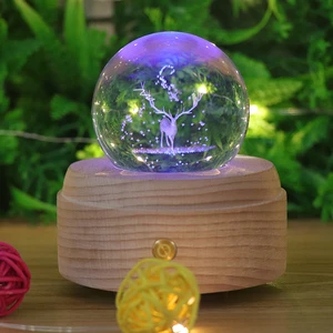 Korea Style Rechargeable RGB Lamp Deer 3D Crystal Ball Night Light 7 Color Wooden LED Base Night Lamp With Music Box