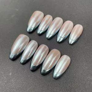 Handmade High-Quality Factory Wholesale Almond Blue Green French Manicure with Stamping Design Reusable