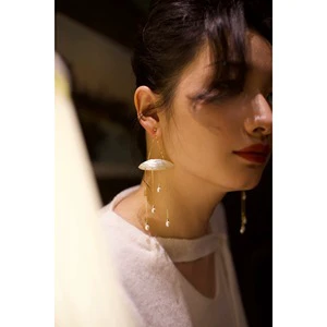Women's Niche Design Exaggerated Tassel Long Slimming Pearl Iron Electroplated Earrings No Ear Hole Slimming Ear Clip Earrings